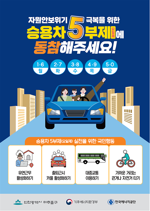 승용차 5부제에 동참해주세요! 1.6 월 2.7 화 3-8 수 4.9 목 5.0 금 승용차 5부제(요일제) 실천을 위한 국민행동 유연근무 활성화하기 출퇴근시 카풀 활성화하기 대중교통 이용하기 가까운 거리는 걷거나 자전거 타기 인천광역시 미추홀구 기후에너지환경부 한국에너지공단